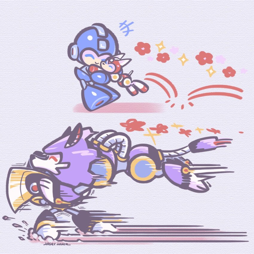 2boys armor bass_(mega_man) black_armor black_helmet blue_bodysuit blue_helmet bodysuit chibi fins full_body head_fins helmet highres laser-lance male_focus mega_man_(character) mega_man_(classic) mega_man_(series) multiple_boys non-humanoid_robot purple_armor purple_helmet red_armor red_helmet robot robot_animal robot_dog rush_(mega_man) treble_(mega_man)
