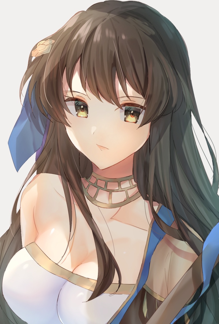 1girl bare_shoulders black_hair breasts brown_eyes choker cleavage collarbone edamameoka expressionless fire_emblem fire_emblem:_the_blazing_blade fire_emblem_heroes hair_ornament highres karla_(fire_emblem) karla_(hatari)_(fire_emblem) long_hair looking_at_viewer medium_breasts nintendo official_alternate_costume portrait silver_background simple_background solo upper_body