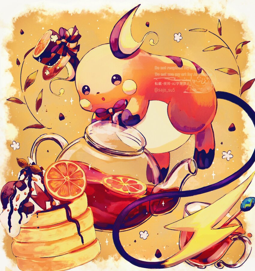 absurdres brown_eyes commentary_request cup evolution_stone evolutionary_stone flower food fruit gen_1_pokemon hat highres leaf nintendo no_humans open_mouth orange_(fruit) pancake pokemon pokemon_(creature) raichu ribbon solo su_(sajo_su5) tea teacup teapot thunder_stone top_hat whipped_cream