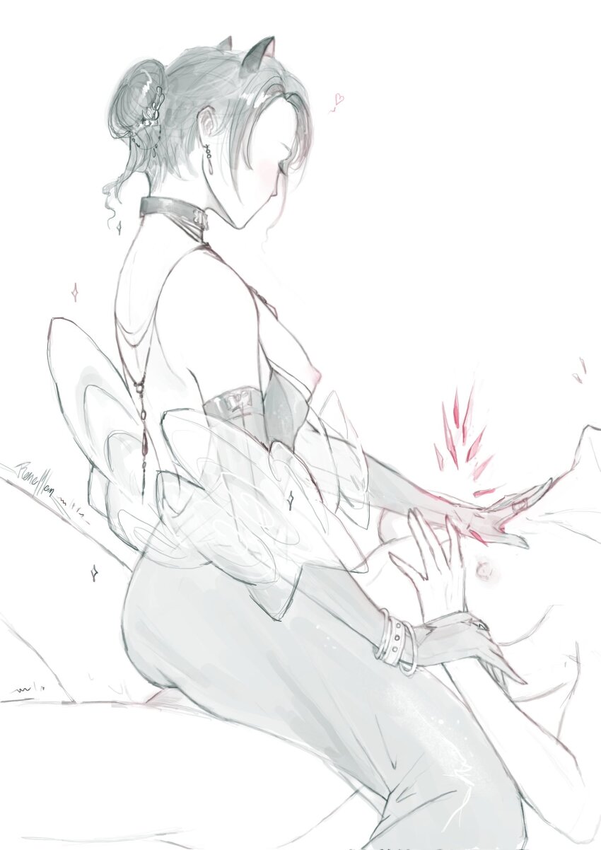 2girls breasts breasts_out chief_(path_to_nowhere) clothed_female_nude_female commentary earrings elbow_gloves english_commentary female_chief_(path_to_nowhere) gloves greyscale hair_bun hand_on_another&#039;s_neck highres holding_another&#039;s_wrist jewelry medium_breasts monochrome multiple_girls nipples nude path_to_nowhere pussy_juice renepolumorfous spot_color straddling yuri