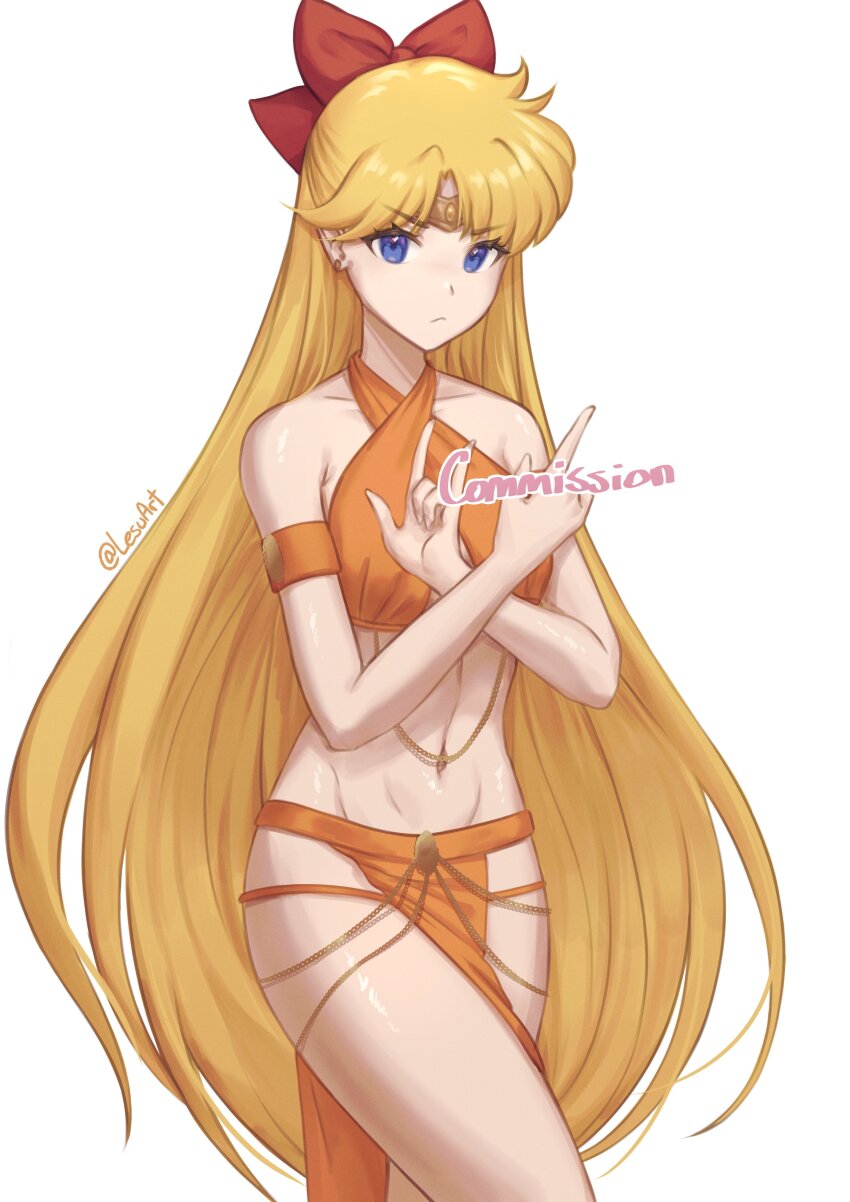 1girl abs absurdly_long_hair absurdres aino_minako armband artist_name bare_shoulders bishoujo_senshi_sailor_moon blonde_hair blue_eyes bow breasts chain cleavage cleavage_cutout clothing_cutout commentary commission cowboy_shot criss-cross_halter crossed_wrists dancer english_commentary english_text eyelashes gold_chain groin hair_bow halterneck hands_up highres knee_up lesu long_hair looking_at_viewer m/ medium_breasts meme_attire midriff navel orange_armband orange_shirt orange_skirt pelvic_curtain red_bow sailor_moon_pose shiny_skin shirt side_slit signature simple_background skirt solo standing tiara toned toned_female twintails twitter_username v-shaped_eyebrows very_long_hair white_background yomorio_lingerie