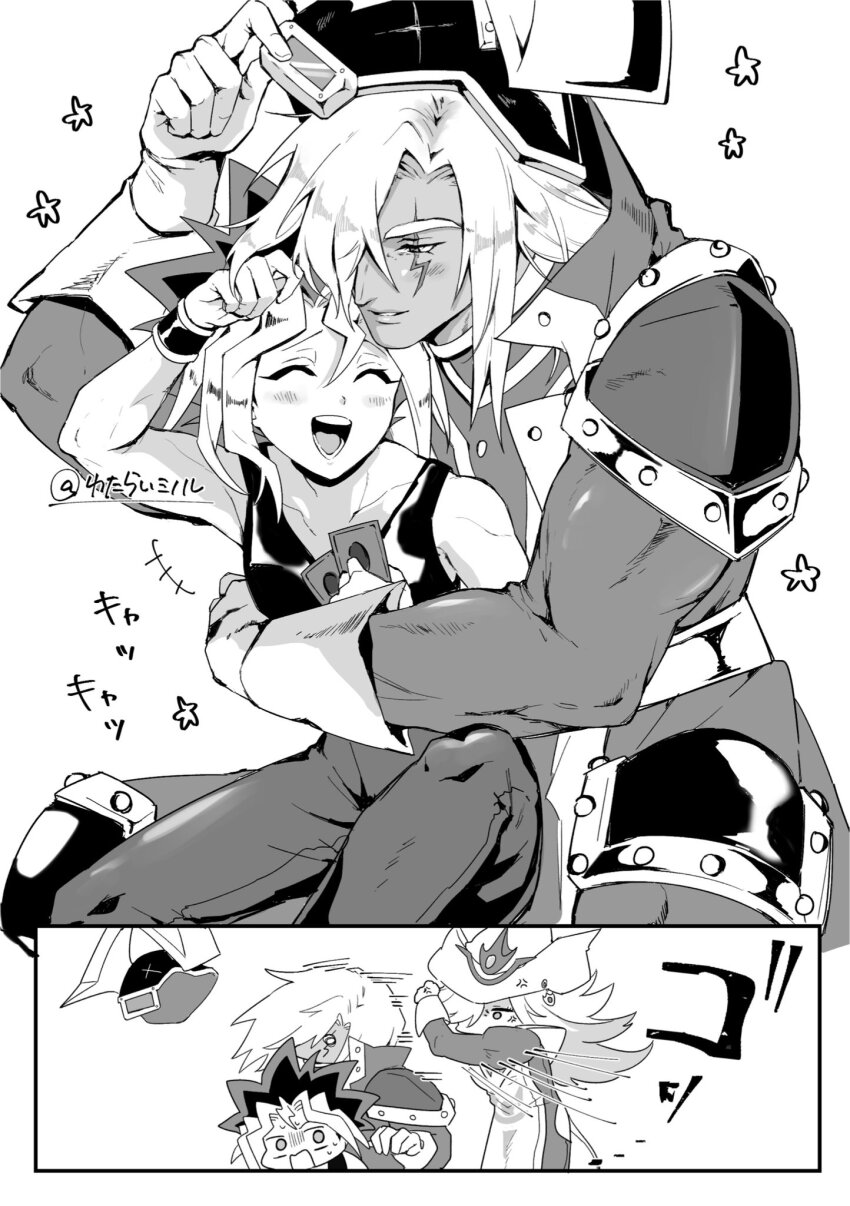 1girl 2boys anger_vein artist_name black_shirt card closed_eyes duel_monster fake_horns gloves greyscale helmet highres holding holding_card horned_helmet horns hug hug_from_behind mi_manu1950 monochrome multiple_boys muto_yugi open_mouth shirt silent_magician silent_swordsman simple_background smile white_background white_gloves yu-gi-oh!
