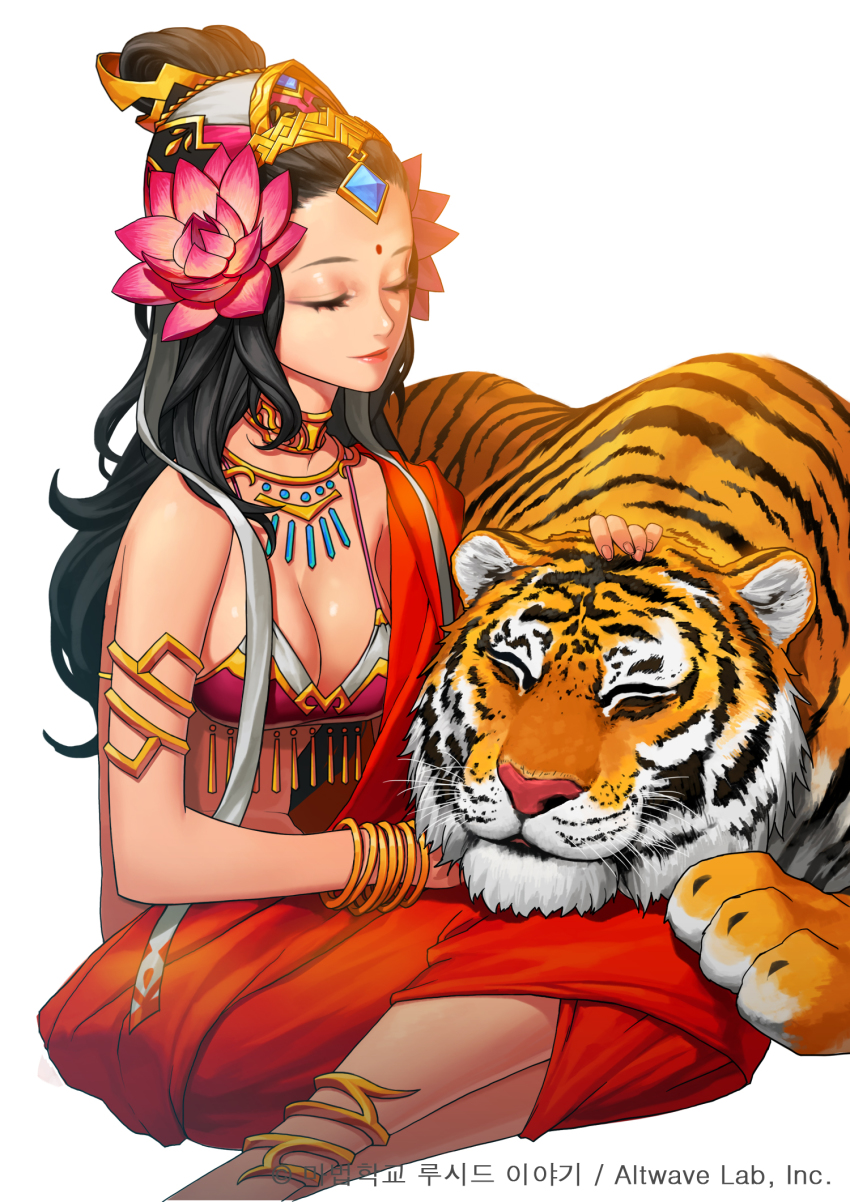 1girl anklet barefoot black_hair bracelet breasts choker cleavage closed_eyes female_focus flower hair_flower hair_ornament haje hand_on_own_head highres jewelry long_hair necklace parvati shiny_skin sid_story simple_background skirt smile solo tiger white_background