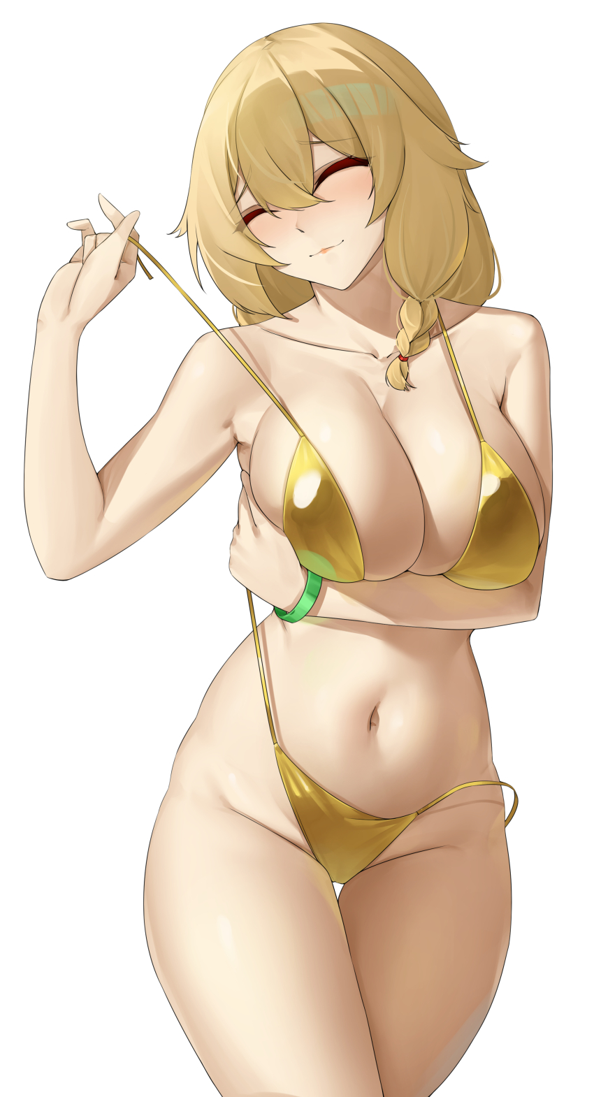 1girl absurdres bikini bikini_pull blush breasts casperrin cleavage closed_eyes closed_mouth clothes_pull collarbone commentary english_commentary girls&#039;_frontline girls&#039;_frontline_2:_exilium gold_bikini golden_week highres large_breasts long_hair mosin-nagant_(girls&#039;_frontline) mosin-nagant_(girls&#039;_frontline_2) navel side-tie_bikini_bottom simple_background solo stomach swimsuit white_background