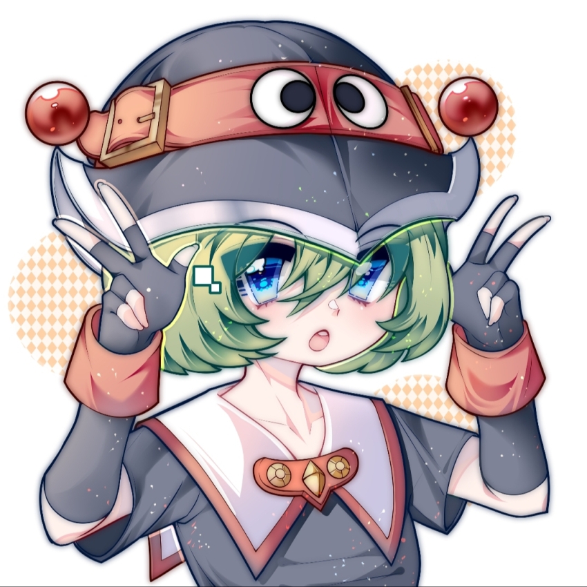 1girl :o belt black_gloves black_hat blue_eyes collarbone double_v ebm7-5 elbow_gloves eyebrows_visible_through_hat fingerless_gloves gloves green_hair hat kartrider looking_at_viewer orb red_belt shirt short_hair simple_background solo sprinkles t-shirt tiera_(kartrider) v witch_hat