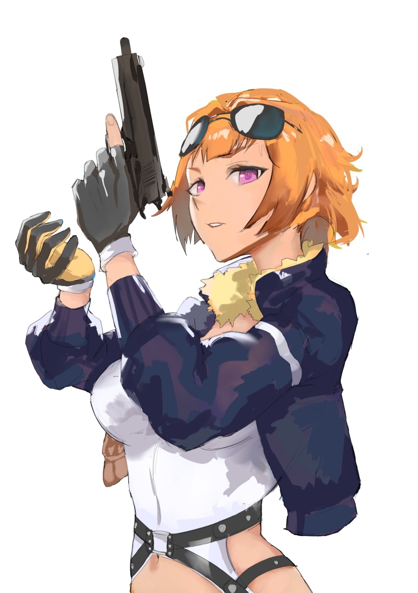 1girl arqa black_gloves breasts eyewear_on_head girls&#039;_frontline gloves grizzly_mkv_(girls&#039;_frontline) gun handgun highres holding holding_gun holding_weapon jacket l.a.r._manufacturing lar_grizzly_win_mag looking_at_viewer midriff navel orange_hair partially_fingerless_gloves purple_eyes short_hair simple_background solo sunglasses weapon white_background