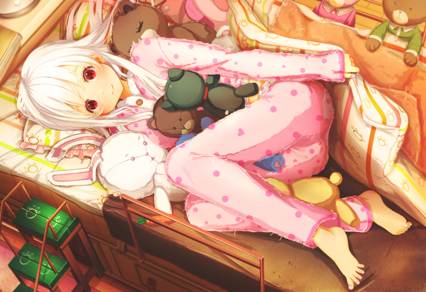 1girl aiuabo barefoot blanket blush buttons feet long_hair looking_at_viewer lying nail_polish on_side original pajamas pillow pink_nails pink_pajamas print_pajamas railing red_eyes smile stairs stuffed_animal stuffed_rabbit stuffed_toy teddy_bear toenail_polish toenails toes white_hair