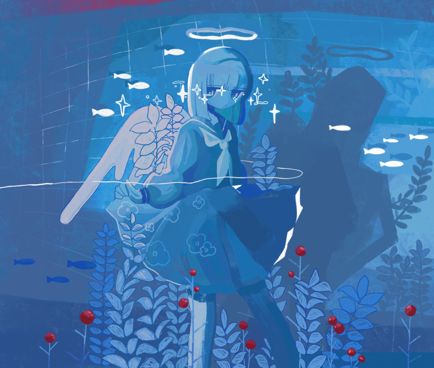 1girl air_bubble black_eyes blue_sailor_collar blue_shirt blue_skirt blunt_bangs bubble closed_mouth dot_mouth feet_out_of_frame fish grey_hair halo highres jitome legs_together medium_hair neckerchief no_pupils original plant sailor_collar school_uniform serafuku shadow shirt skirt solo sparkle sskitaco string tile_wall tiles underwater white_neckerchief white_string white_wings wings