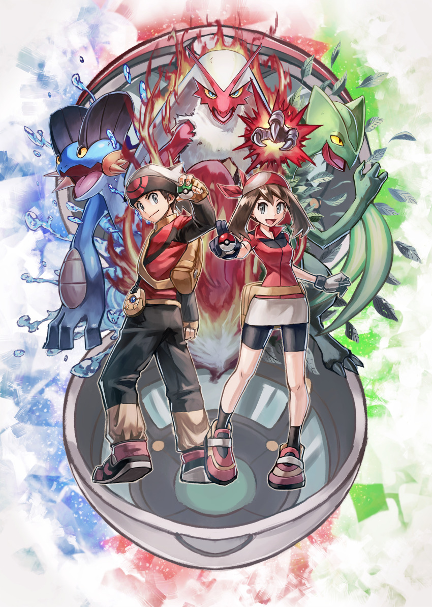 1boy 1girl ankle_socks bag bandana beanie bike_shorts black_pants black_shorts black_socks blaziken brendan_(pokemon) brown_hair claws fanny_pack fingerless_gloves fire game_freak gen_3_pokemon gloves hat highres holding holding_poke_ball kuroi_susumu leaf may_(pokemon) miniskirt nintendo open_mouth open_poke_ball pants pants_tucked_in poke_ball poke_ball_(basic) pokemon pokemon_(creature) pokemon_rse pokenav red_bandana red_footwear sceptile shirt short_hair short_sleeves shorts skirt smile socks starter_pokemon_trio swampert talons water white_skirt yellow_gloves