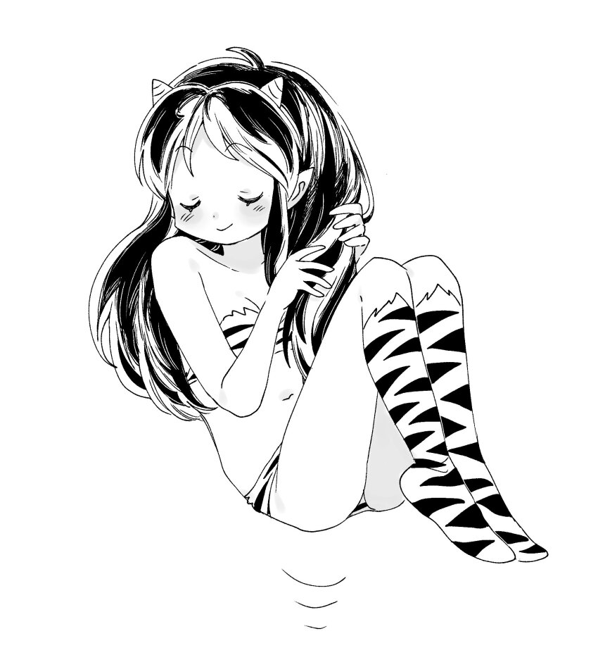 1girl ^_^ animal_print bikini closed_eyes cone_horns full_body hands_in_own_hair highres horns lizze_35 long_hair lum monochrome oni pointy_ears print_footwear simple_background smile solo strapless strapless_bikini swimsuit tiger_print urusei_yatsura