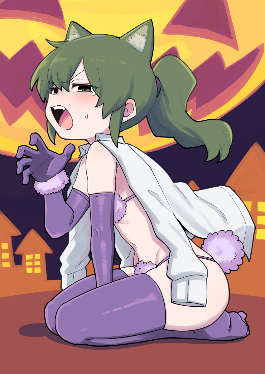 1girl absurdres animal_ears bikini cat_ears claw_pose collared_shirt commentary_request cosplay elbow_gloves fake_tail fate/grand_order fate_(series) from_side fur-trimmed_bikini fur-trimmed_gloves fur_trim gloves green_eyes green_hair halloween highres igarashi_futaba kemonomimi_mode looking_at_viewer mash_kyrielight mash_kyrielight_(dangerous_beast) mash_kyrielight_(dangerous_beast)_(cosplay) navel no_shoes open_mouth ponytail purple_bikini purple_gloves purple_thighhighs scrunchie seiza senpai_ga_uzai_kouhai_no_hanashi shiromanta shirt shirt_on_shoulders sitting skindentation solo swimsuit tail tearing_up teeth thighhighs upper_teeth_only white_shirt