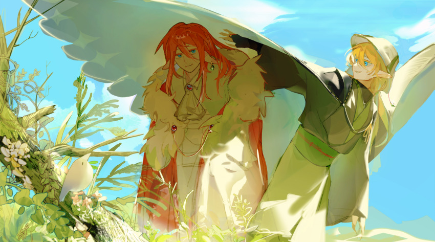 2boys bird black_gloves black_kimono blonde_hair blue_eyes blue_sky brooch chinese_commentary cloak closed_mouth collared_shirt colored_eyelashes commentary_request day dream_smp droopy_ears fingerless_gloves fur-trimmed_cloak fur_trim gem gloves green_sash hair_between_eyes hat heibaihuabing highres japanese_clothes jewelry kimono long_hair long_sleeves male_focus minecraft_youtube multiple_boys obi outdoors ph1lza pointy_ears red_cloak red_gemstone red_hair sash shirt sidelocks sky smile socks technoblade white_hat white_shirt white_socks white_wings wings