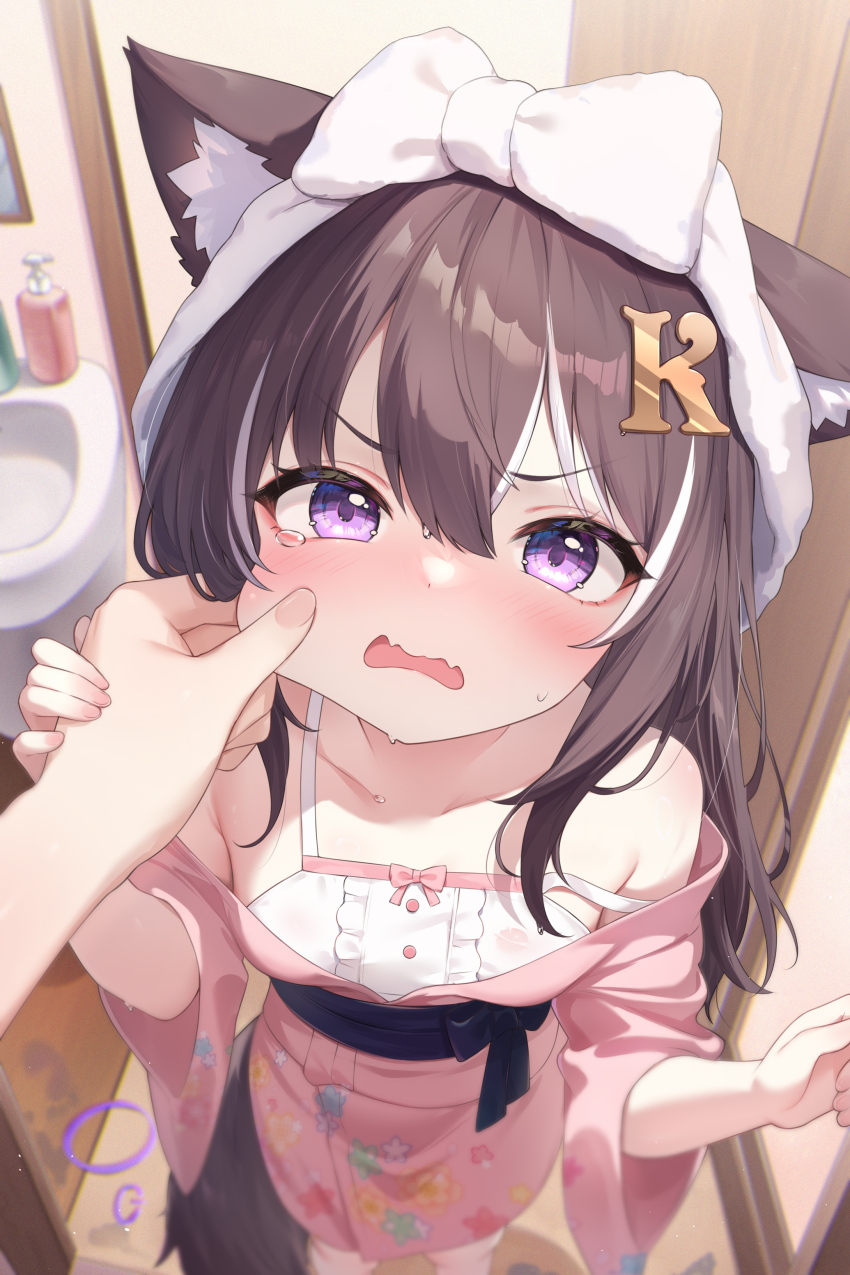 1girl absurdres animal_ears bare_shoulders black_hair blurry blush depth_of_field fangs fox_ears fox_tail from_above frown hair_between_eyes hair_ornament hair_ribbon hairclip highres japanese_clothes kimono kuroida long_hair long_sleeves looking_at_viewer multicolored_hair obi off_shoulder open_mouth original pink_kimono pov pov_hands purple_eyes ribbon sash shirt sleeveless sleeveless_shirt solo_focus spaghetti_strap standing strap_slip streaked_hair sweat tail tearing_up undershirt v-shaped_eyebrows wide_sleeves