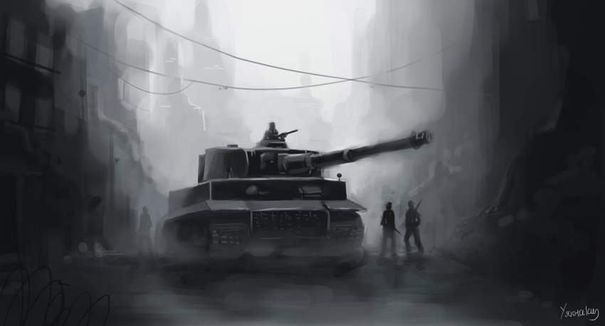 4boys building greyscale highres military military_vehicle monochrome motor_vehicle multiple_boys original people road scenery soldier street tank tiger_i vehicle_focus weapon weapon_on_back youotaku