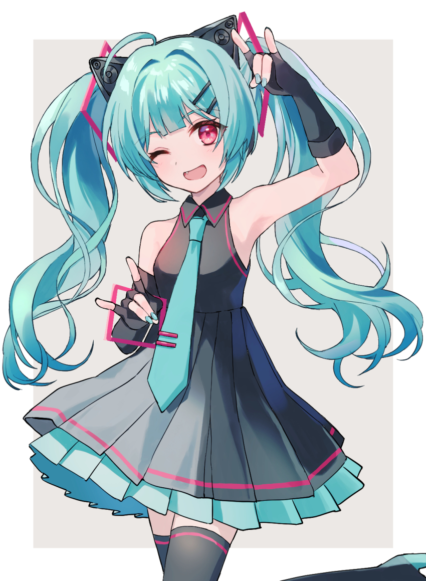 1girl ahoge alternate_eye_color animal_ear_headphones animal_ears aqua_hair arm_up armpits bare_shoulders black_dress black_gloves blue_hair blue_necktie blush cat_ear_headphones dress elbow_gloves fake_animal_ears fang fingerless_gloves gloves hair_intakes hair_ornament hairclip hatsune_miku headphones highres kitsune_no_mado long_hair looking_at_viewer necktie one_eye_closed open_mouth ozblpnt pleated_dress red_eyes simple_background sleeveless sleeveless_dress smile solo sour_model_(mikumikudance) standing standing_on_one_leg thighhighs twintails vocaloid