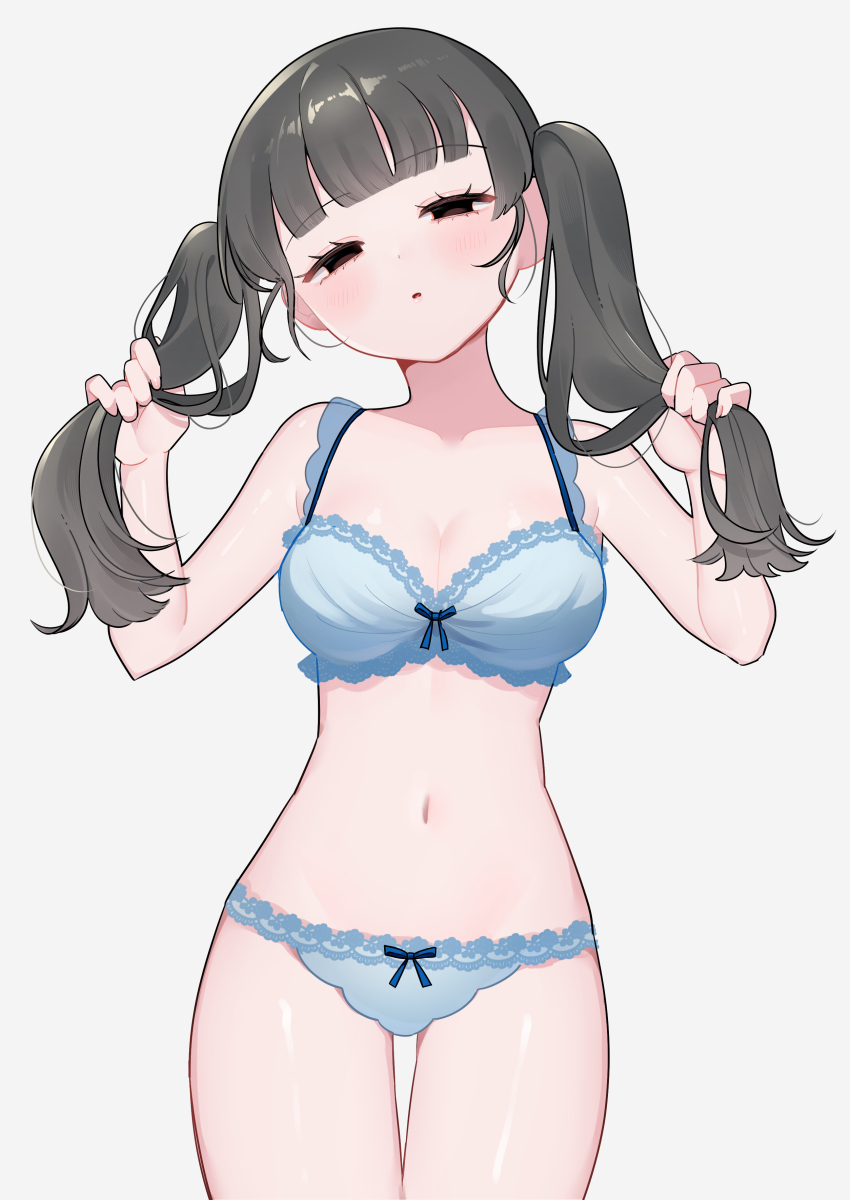 1girl absurdres black_hair blue_bra blue_panties blunt_bangs blush bra breasts cleavage collarbone half-closed_eyes head_tilt highres holding holding_own_hair lace lace-trimmed_bra lace-trimmed_panties lace_trim long_hair looking_at_viewer medium_breasts mui_(tqxg4) navel original panties ribbon-trimmed_bra ribbon-trimmed_panties ribbon_trim solo stomach twintails underwear underwear_only