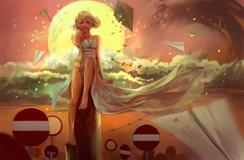 1girl bare_legs bare_shoulders barefoot blonde_hair borrowed_character cloud dress female_focus kite long_dress no_entry_sign original outdoors paper_airplane razuri-chan road_sign short_hair side_slit sign sitting sky smile solo strapless strapless_dress sun sunset toes white_dress
