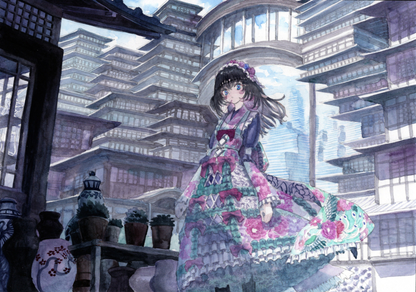 1girl architecture black_hair blue_eyes blush bow building cloud day dress east_asian_architecture feet_out_of_frame floral_print flower frilled_dress frills hairband highres japanese_clothes kimono kimono_dress kyuui lolita_fashion long_hair long_sleeves looking_at_viewer original outdoors painting_(medium) plant potted_plant scenery sky solo standing traditional_media watercolor_(medium)
