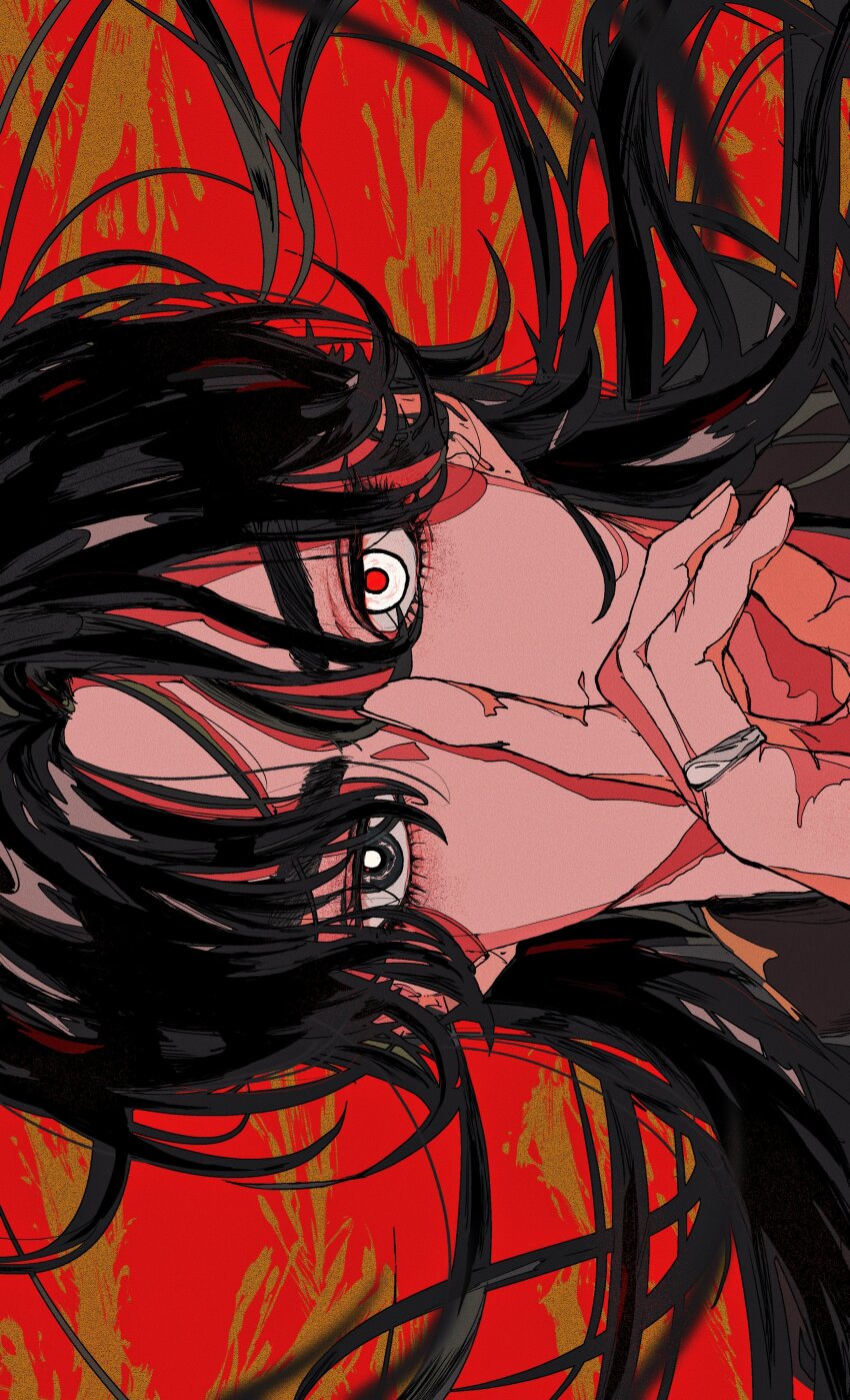 1boy absurdres black_eyes black_hair close-up commentary covered_mouth eyelashes hair_between_eyes highres jewelry k-pop kiastimiu long_hair looking_at_viewer male_focus real_life red_background red_eyes ring s.coups seventeen_(group) solo thick_eyebrows