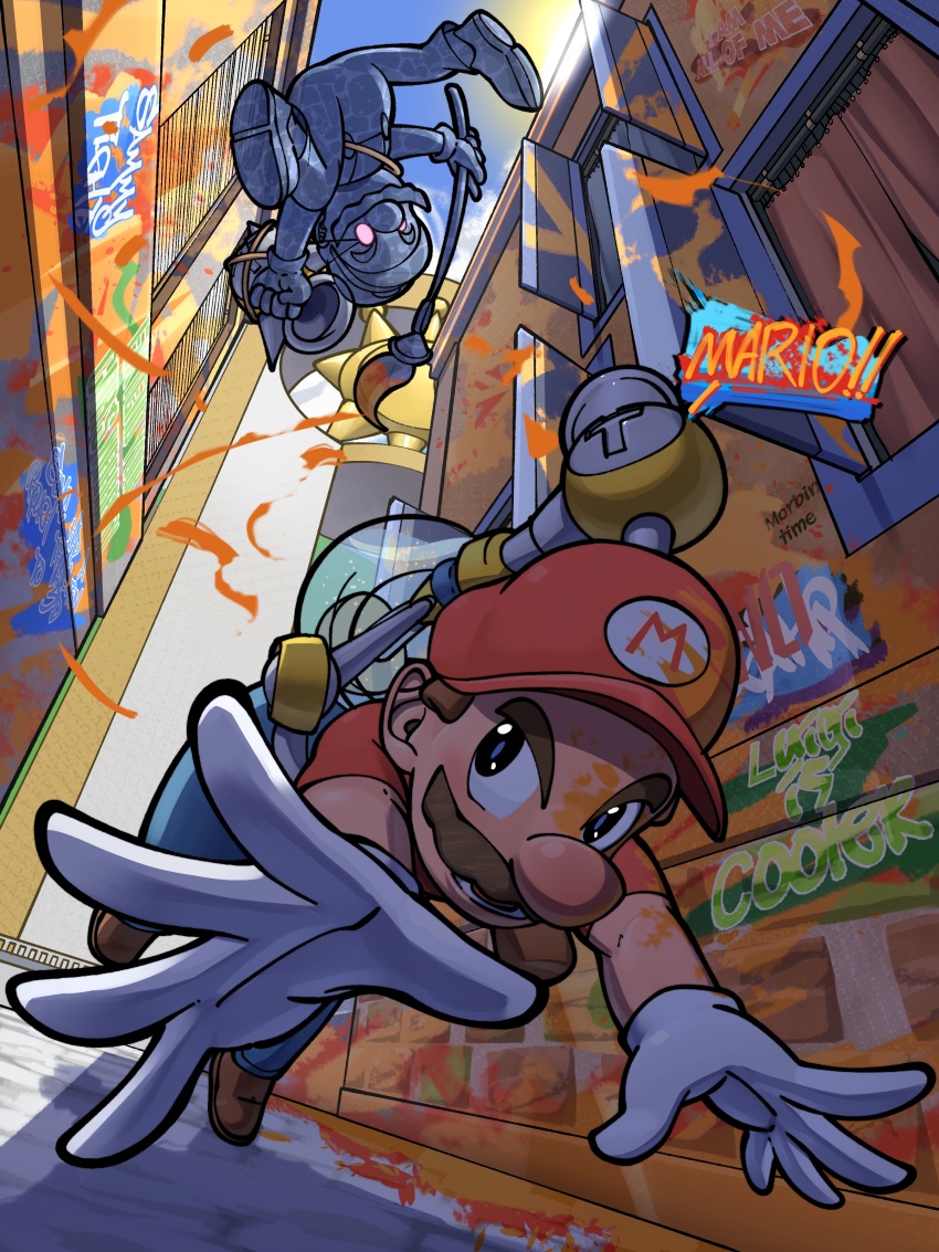 2boys absurdres alley artist_name blank_eyes blue_eyes blue_overalls blue_sky brown_footwear brown_hair character_name clothes_writing curtains dirty dirty_clothes dirty_face dutch_angle english_text f.l.u.d.d. facial_hair fleeing gloves graffiti hat highres holding holding_paintbrush it&#039;s_morbin&#039;_time_(meme) jumping looking_back lyrics male_focus mario mario_(series) marvel meme morbius_(movie) multiple_boys mustache newsboy_cap nintendo open_mouth outdoors outstretched_arms overalls paint paint_splatter paintbrush pink_eyes red_headwear red_shirt running sammytighe shadow_mario shadow_the_hedgehog_(game) shirt shoes short_hair short_sleeves signature sky sonic_(series) sony&#039;s_spider-man_universe speech_bubble spider-man_(series) spread_legs sun super_mario_sunshine talking transparent upside-down v-shaped_eyebrows water white_gloves window
