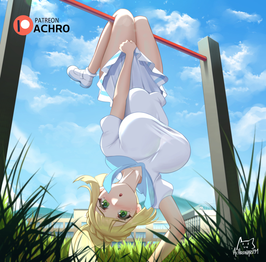 1girl achromaru alternate_costume blonde_hair blue_sky braid breasts cloud commentary dangling dress grass green_eyes highres large_breasts lillie_(pokemon) logo long_hair looking_at_viewer nintendo open_mouth outdoors patreon_username pokemon pokemon_sm ponytail shoes skirt skirt_tug sky sleeveless sleeveless_dress twin_braids upside-down white_dress white_shoes