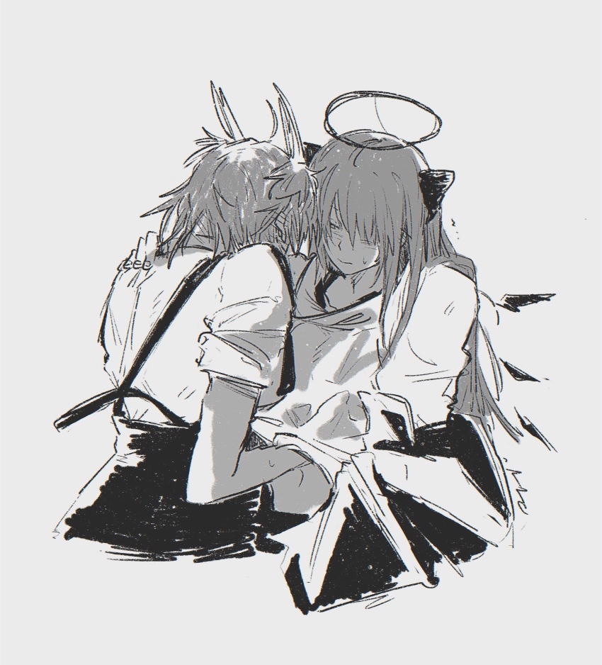 2girls animal_ears arknights bird_ears bird_girl clothes_down commentary cropped_torso demon_horns detached_wings energy_wings fiammetta_(arknights) greyscale halo hand_on_another&#039;s_shoulder hand_under_clothes highres horns jacket looking_at_another monochrome mostima_(arknights) multiple_girls open_clothes open_jacket pointy_hair ronsudsud shirt simple_background sweatdrop symbol-only_commentary traditional_halo upper_body white_background wings yuri