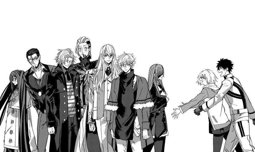 3girls 6+boys akuta_hinako beryl_gut blush cape commentary_request daybit_sem_void eyepatch facial_hair fate/grand_order fate_(series) fujimaru_ritsuka_(male) fujimaru_ritsuka_(male)_(decisive_battle_chaldea_uniform) glasses gloves goatee greyscale highres iz_(izit_unk) jacket jewelry kadoc_zemlupus kirschtaria_wodime long_coat long_hair mash_kyrielight monochrome multiple_boys multiple_girls ophelia_phamrsolone pendant scandinavia_peperoncino smile tears twintails very_long_hair vest yu_mei-ren_(fate)