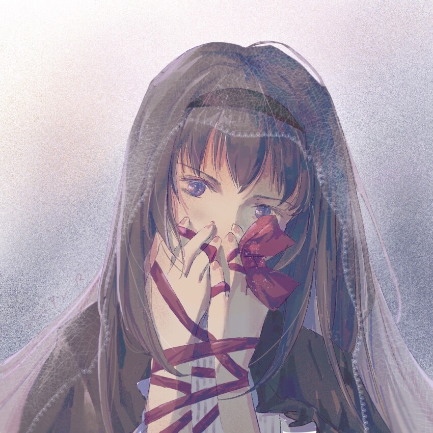 1girl akemi_homura akemi_homura_(black_dress) black_hair bridal_veil gensou_getsumen_rt highres long_hair looking_at_viewer mahou_shoujo_madoka_magica purple_background purple_eyes red_ribbon ribbon solo veil white_veil