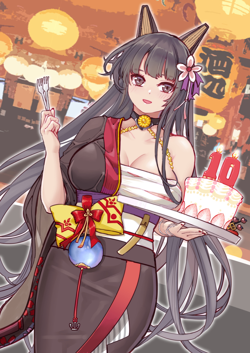 1girl absurdres akagi_(warship_girls_r) animal_ears birthday_cake black_eyes black_hair black_kimono blunt_bangs breasts cake chichengde_haotidu_afusang choker cleavage flower food hadanugi_dousa hair_flower hair_ornament highres holding japanese_clothes kimono large_breasts long_hair looking_at_viewer open_kimono open_mouth plate sarashi sash single_bare_shoulder smile solo very_long_hair warship_girls_r