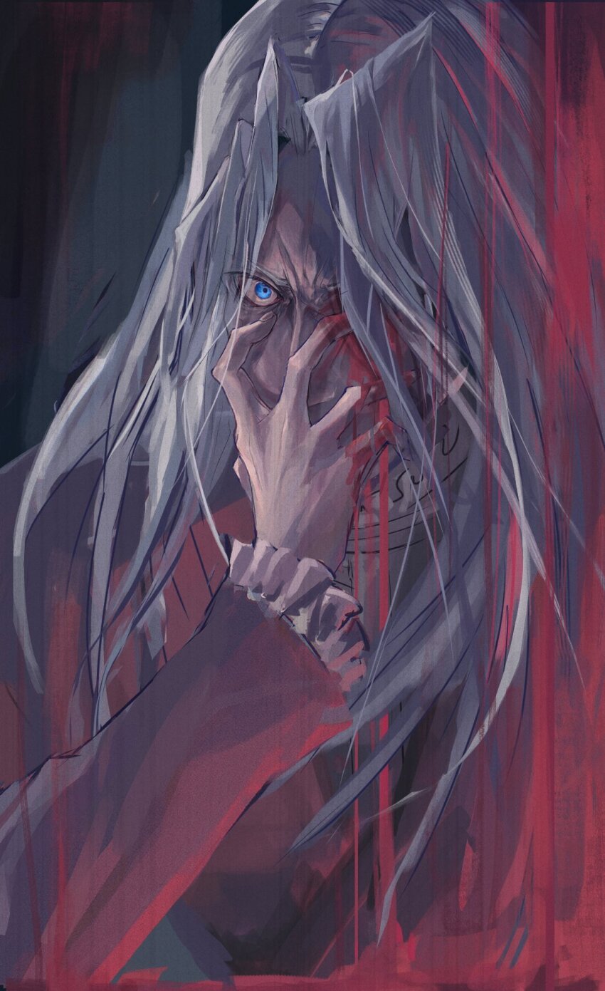1boy blazer bleeding blood blood_drip blood_on_face blood_on_glass blood_on_hands blood_on_mirror bloody_tears blue_eyes commentary covering_own_eyes dress_shirt facing_another facing_to_the_side formal_clothes frilled_sleeves frills furrowed_brow grey_background grey_hair hair_over_one_eye hand_on_own_face hand_over_eye highres indoors injury jacket leaning_forward long_hair looking_at_another looking_at_object male_focus mature_male parted_bangs partially_blind pegasus_j_crawford re_(pixiv_89203939) red_jacket shirt white_shirt yu-gi-oh! yu-gi-oh!_duel_monsters