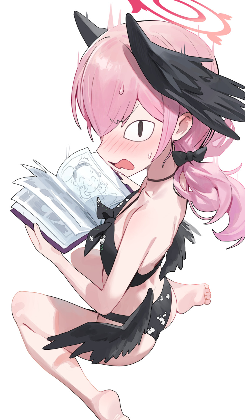&lt;|&gt;_&lt;|&gt; 1girl ass bare_shoulders barefoot bikini black_bikini black_wings blue_archive blush book breasts doodle_sensei_(blue_archive) embarrassed feathered_wings feet foot_out_of_frame from_behind halo head_wings highres holding holding_book hood_(james_x) koharu_(blue_archive) koharu_(swimsuit)_(blue_archive) long_hair looking_at_viewer looking_back low_wings manga_(object) official_alternate_costume open_book open_mouth pink_hair profile red_halo sensei_(blue_archive) simple_background sitting slit_pupils small_breasts soles solo spasm surprised sweat sweatdrop swimsuit toes twintails wariza white_background winged_halo wings