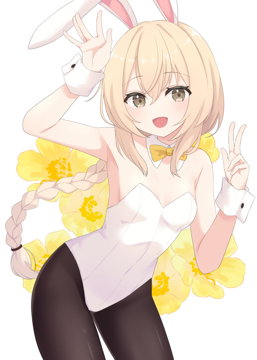 1girl animal_ears arm_up black_pantyhose blonde_hair bow bowtie braid braided_ponytail breasts brown_eyes buttercup_(flower) collar cowboy_shot detached_collar fake_animal_ears floral_background flower furutori hair_between_eyes highres leaning_forward leotard long_hair looking_at_viewer open_mouth original pantyhose playboy_bunny ponytail rabbit_ears sidelocks small_breasts smile solo v very_long_hair white_background white_collar white_leotard white_wrist_cuffs wrist_cuffs yellow_bow yellow_bowtie yellow_flower