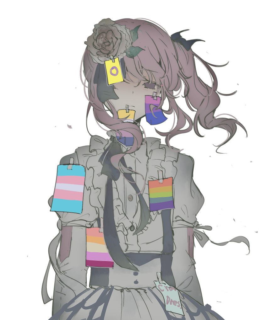 1other 670uu absurdres akiyama_mizuki bisexual_flag commentary dress english_commentary english_text expressionless fandom flower frilled_dress frills hair_flower hair_ornament hair_ribbon highres intersex_flag keikyoku_no_machi_wa_doko_e_(project_sekai) lesbian_flag long_hair non-binary_flag pink_hair project_sekai rainbow_flag ribbon side_ponytail sidelocks taped_note transgender_flag white_dress