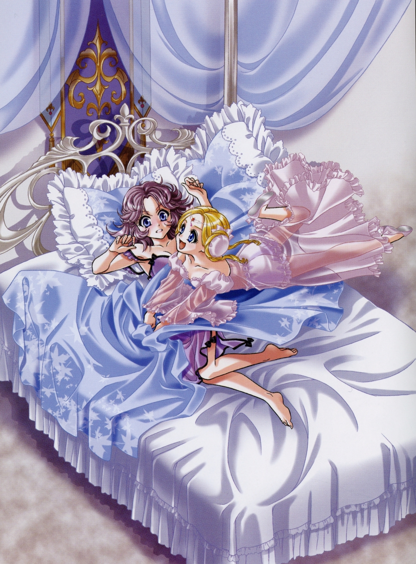 2girls :d absurdres banpresto barefoot bed bed_sheet blonde_hair bloomers blue_eyes blush canopy_bed feet highres kouno_sachiko latune_subbota lingerie lying multiple_girls nightgown official_art on_back on_stomach open_mouth purple_hair see-through_clothes shine_hausen short_hair smile super_robot_wars super_robot_wars_original_generation toes underwear
