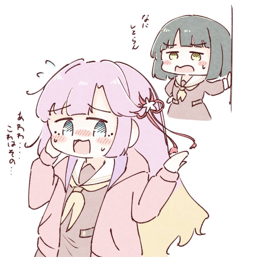 2girls :3 amano_tatsu anyoji_hime black_hair blonde_hair blue_eyes blush borrowed_accessory brown_dress commentary_request deformed dress embarrassed flower flower_knot flying_sweatdrops gradient_hair green_eyes hair_flower hair_ornament hand_on_own_hip hand_on_wall hasu_no_sora_school_uniform highres hood hooded_jacket jacket kanazawaben link!_like!_love_live! long_hair long_sleeves looking_at_another love_live! momose_ginko multicolored_hair multiple_girls neckerchief open_clothes open_jacket pink_hair pink_jacket raised_inner_eyebrows sailor_collar sailor_dress school_uniform short_hair sidelocks sweat sweatdrop translation_request upper_body v-shaped_eyebrows virtual_youtuber white_flower white_sailor_collar winter_uniform yellow_neckerchief