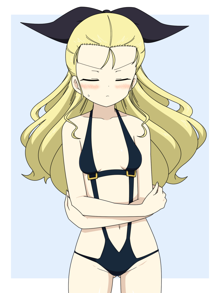 1girl assam_(girls_und_panzer) black_slingshot_swimsuit blonde_hair blue_background blush breasts closed_eyes closed_mouth collarbone crossed_arms girls_und_panzer gluteal_fold hair_ribbon highres ichinose_jun long_hair navel ribbon simple_background slingshot_swimsuit small_breasts solo sweatdrop swimsuit