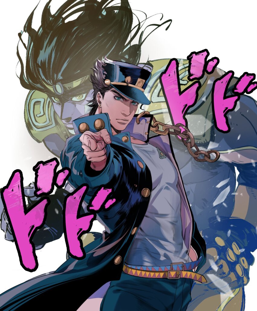 1boy armor belt black_hair blue_eyes blue_gakuran blue_pants chain clenched_hand closed_mouth dodododo earrings fingerless_gloves frown gakuran gloves hand_in_pocket hat headband highres jewelry jojo_no_kimyou_na_bouken jojo_pose kujo_jotaro&#039;s_pose_(jojo) kuujou_joutarou long_sleeves looking_at_viewer medium_hair multiple_belts open_clothes pants pointing pointing_at_viewer school_uniform short_hair shoulder_armor single_earring stand_(jojo) star_platinum stardust_crusaders tobu_(bilibil) wavy_hair yellow_eyes