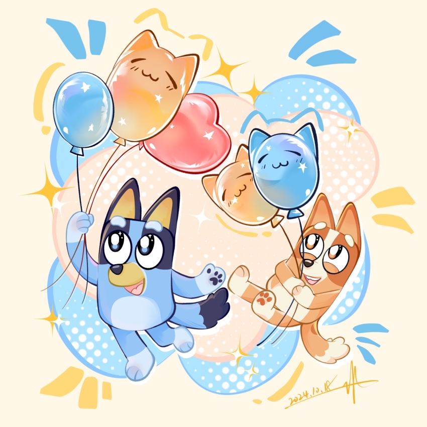2024 2girls :3 :d aichihagendasidelaonianren animal_balloon balloon bingo_heeler bluey bluey_heeler full_body furry furry_female highres holding holding_balloon multiple_girls open_mouth signature smile sparkling_eyes