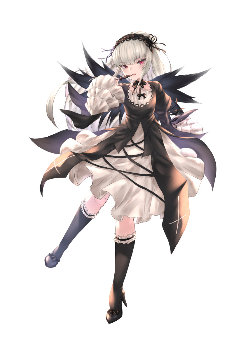 1girl absurdres black_dress black_hairband dress full_body goth_fashion gothic_lolita hairband highres kneehighs lolita_fashion long_hair looking_at_viewer majinno red_eyes rozen_maiden socks solo suigintou white_hair