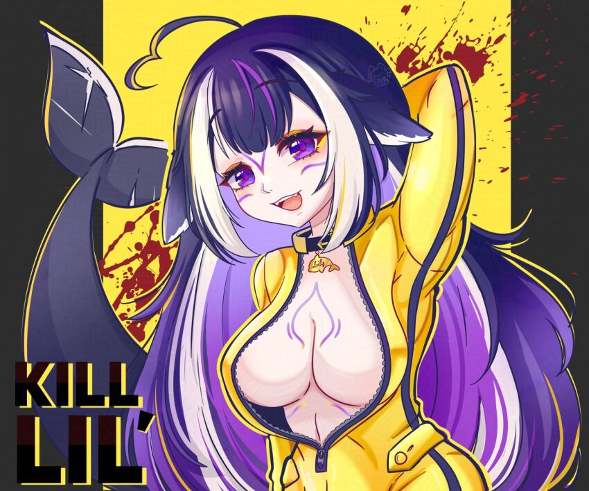 1girl ahoge animal_ears animal_print arm_up blood blood_splatter body_markings cetacean_tail cleavage_cutout clothing_cutout collar english_text eyeshadow facial_mark fins fish_print fish_tail happy heart heart_ahoge looking_at_viewer makeup multicolored_hair nose open_clothes open_mouth orange_eyes orca_girl piffle0001 purple_eyes purple_hair shylily signature simple_background solo split-color_hair tail track_suit virtual_youtuber whale_print white_hair yellow_eyeshadow yellow_track_suit
