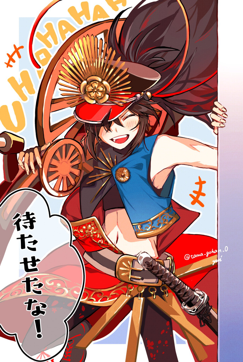1boy antique_firearm arquebus asymmetrical_clothes black_hair cape collared_cape crest family_crest fate/grand_order fate_(series) fiery_hair firearm gloves gun hair_over_one_eye hat highres long_hair looking_at_viewer medallion midriff_peek military_hat oda_kippoushi_(fate) oda_nobunaga_(fate) oda_uri open_mouth pants peaked_cap ponytail red_cape red_eyes shirt single_sleeve smile sword tight_top weapon yui_(tamagohan)
