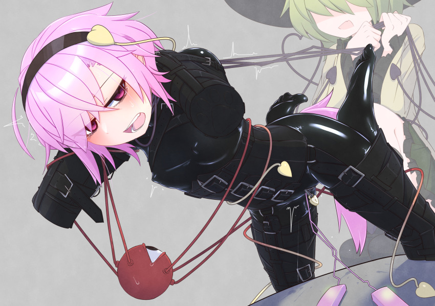 2girls anal_beads anal_tail bags_under_eyes bdsm black_bodysuit bodysuit bound bound_arms bound_legs breasts butt_plug corset covered_erect_nipples fake_tail green_hair hat highres human_dog komeiji_koishi komeiji_satori latex latex_bodysuit lock menou_74 multiple_girls open_mouth padlock pet_play pink_eyes pink_hair sex_toy shiny_clothes short_hair skin_tight small_breasts tail third_eye touhou vibrator