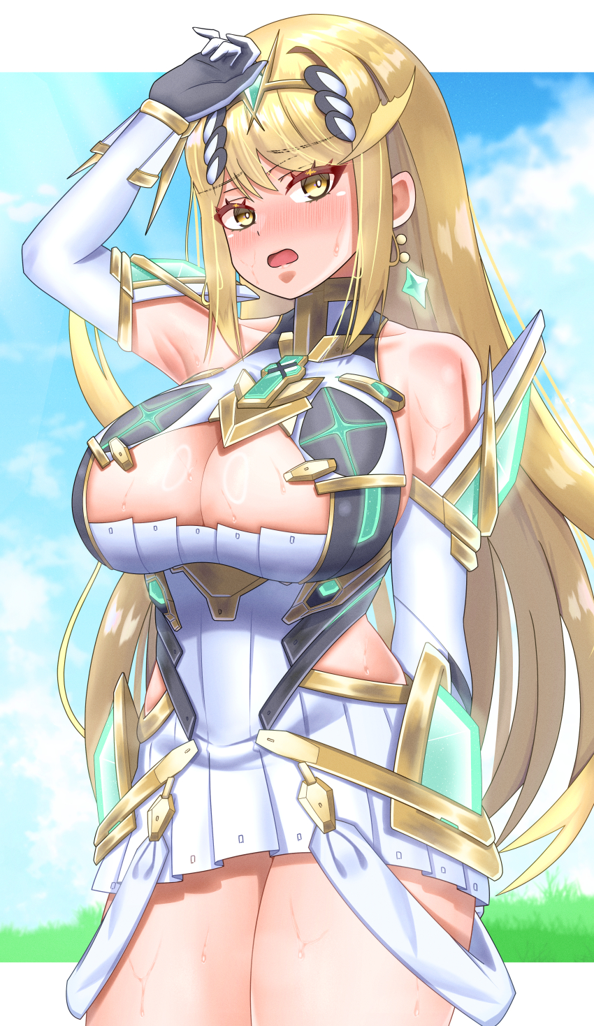 1girl absurdres bare_shoulders blonde_hair blush breasts chest_jewel cleavage cleavage_cutout clothing_cutout core_crystal_(xenoblade) cowboy_shot dress earrings highres jewelry large_breasts meipasuye mythra_(xenoblade) solo summer sweat tiara white_dress xenoblade_chronicles_(series) xenoblade_chronicles_2 yellow_eyes
