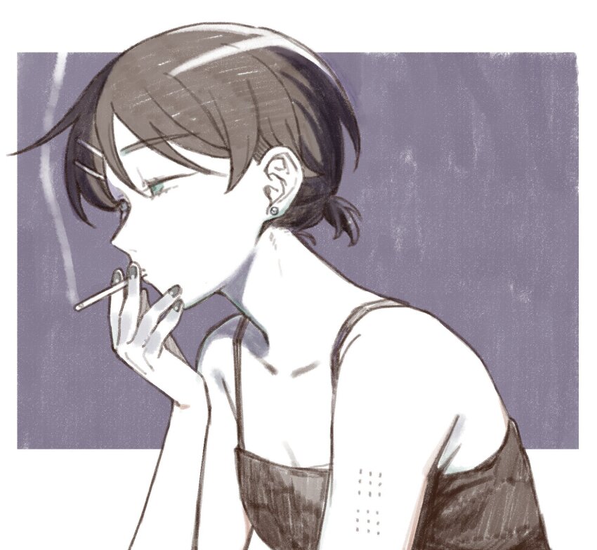 1girl aged_up aqua_eyes bare_arms bare_shoulders camisole cigarette collarbone earrings futsuu_no_keion-bu hair_ornament hairpin highres holding holding_cigarette jewelry kouyama_rin nail_polish partially_colored pixie_cut ponytail purple_background rra_(yj) short_hair short_ponytail smoke smoking solo upper_body vaccine_scar