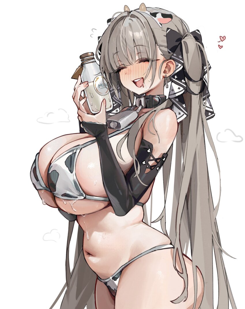 absurdres animal_ears animal_print azur_lane bare_shoulders bikini blush breasts closed_eyes commentary cow_ears cow_print cow_print_bikini fake_animal_ears formidable_(azur_lane) fungi542 grey_hair hair_ornament hair_ribbon hairband highres large_breasts long_hair navel open_mouth print_bikini ribbon simple_background smile stomach swimsuit symbol-only_commentary twintails underboob white_background
