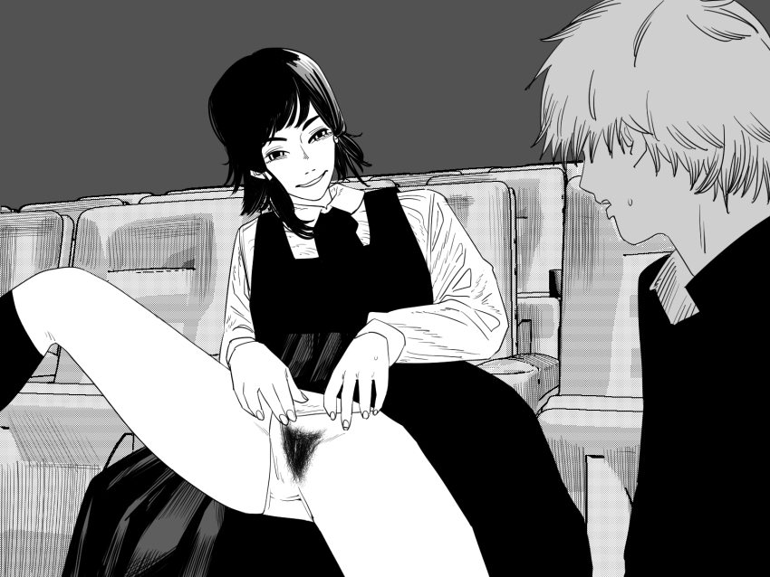 1boy 1girl chainsaw_man collared_shirt commentary_request denji_(chainsaw_man) dress female_pubic_hair fourth_east_high_school_uniform fujimoto_tatsuki_(style) gakuran greyscale grin highres long_sleeves mifune_fumiko monochrome nanami_toga panties panty_pull pinafore_dress pubic_hair pubic_hair_peek pussy school_uniform shirt short_hair sleeveless sleeveless_dress smile sweatdrop theater_seating underwear