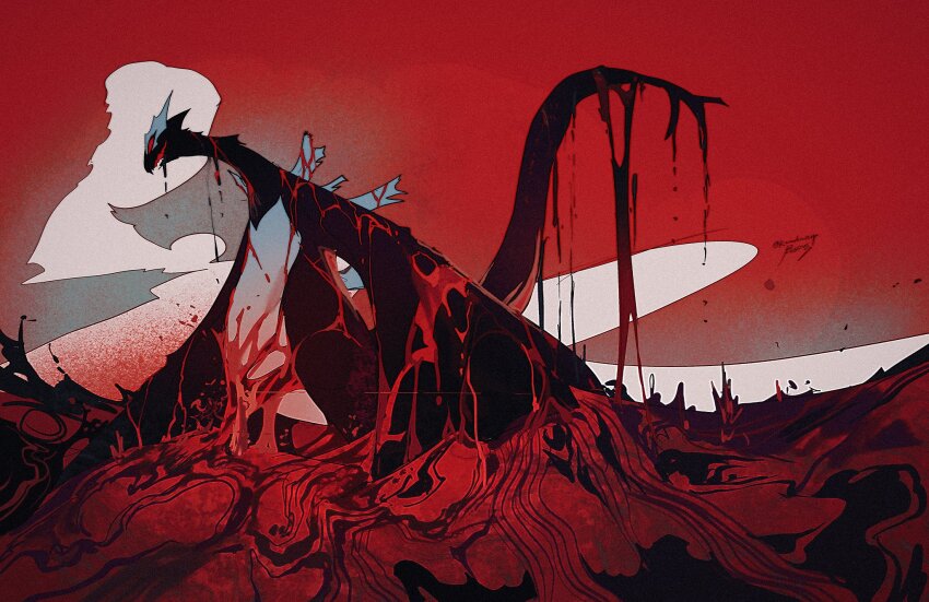 animal_focus artist_name blood cloud commentary_request fangs gen_2_pokemon highres kamikiririp legendary_pokemon lugia nintendo no_humans open_mouth pokemon pokemon_(creature) pokemon_xd red_eyes red_sky shadow_lugia signature skin_fangs sky tail twitter_username wings