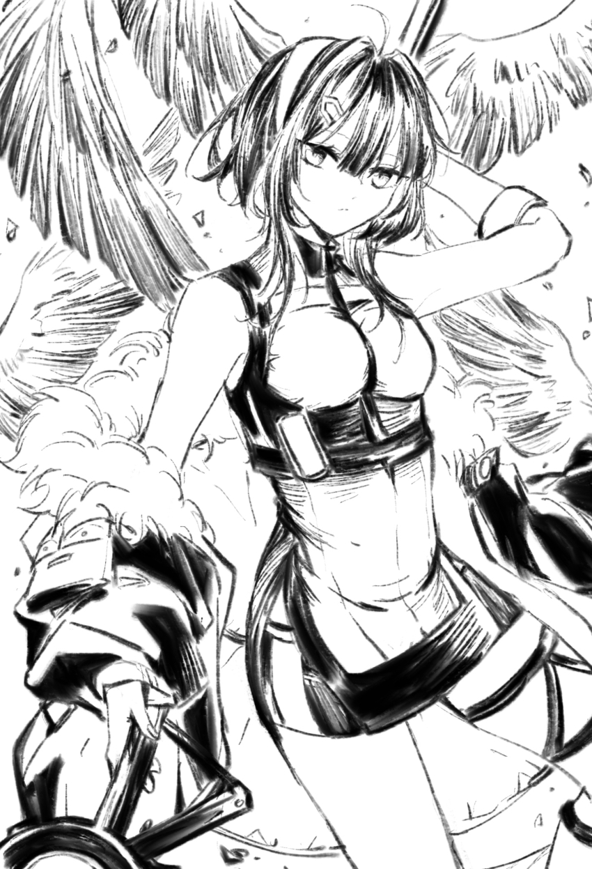 1girl arknights bird_girl black_dress black_hair black_jacket chinese_commentary closed_mouth dress fur-trimmed_jacket fur_(clothing) fur_trim hair_ornament hairclip headband highres holding holding_scythe holding_weapon infection_monitor_(arknights) jacket la_pluma_(arknights) looking_at_viewer schwarzcrz scythe shorts sleeveless sleeveless_dress solo thigh_strap translation_request turtleneck weapon white_background white_headband wings