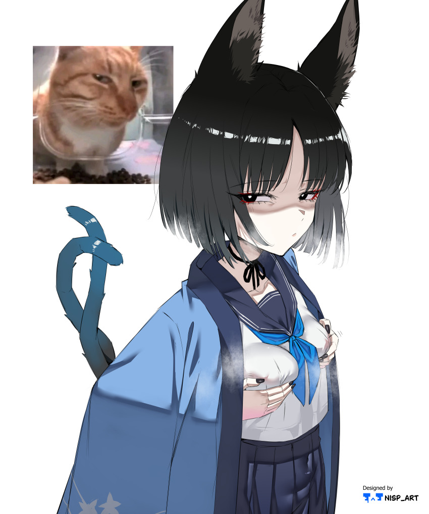 absurdres animal_ear_fluff animal_ears black_choker black_hair blue_archive blue_haori blue_ribbon blue_sailor_collar blue_skirt blunt_ends bob_cut breasts cat_ears cat_girl cat_tail choker closed_mouth colored_skin grabbing_own_breast hair_between_eyes haori highres japanese_clothes kikyou_(blue_archive) medium_hair meme multicolored_skin nisp_art ribbon sailor_collar shaded_face shirt sidelocks skirt tail two-tone_skin white_shirt