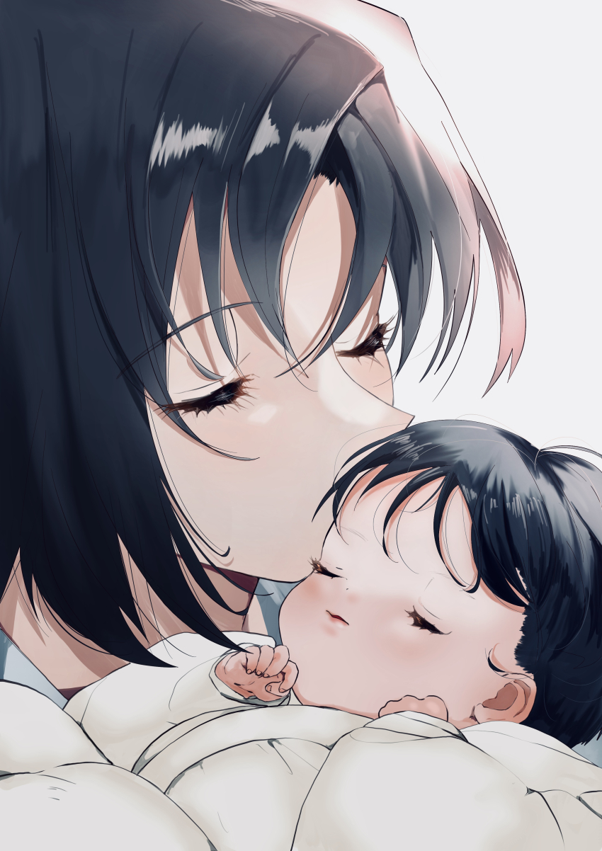 2girls absurdres baby black_hair close-up closed_eyes commentary highres jacket kara_no_kyoukai kiss kissing_forehead mother_and_daughter multiple_girls nainairo323 parted_bangs ryougi_mana ryougi_shiki short_hair sidelocks simple_background white_background white_jacket